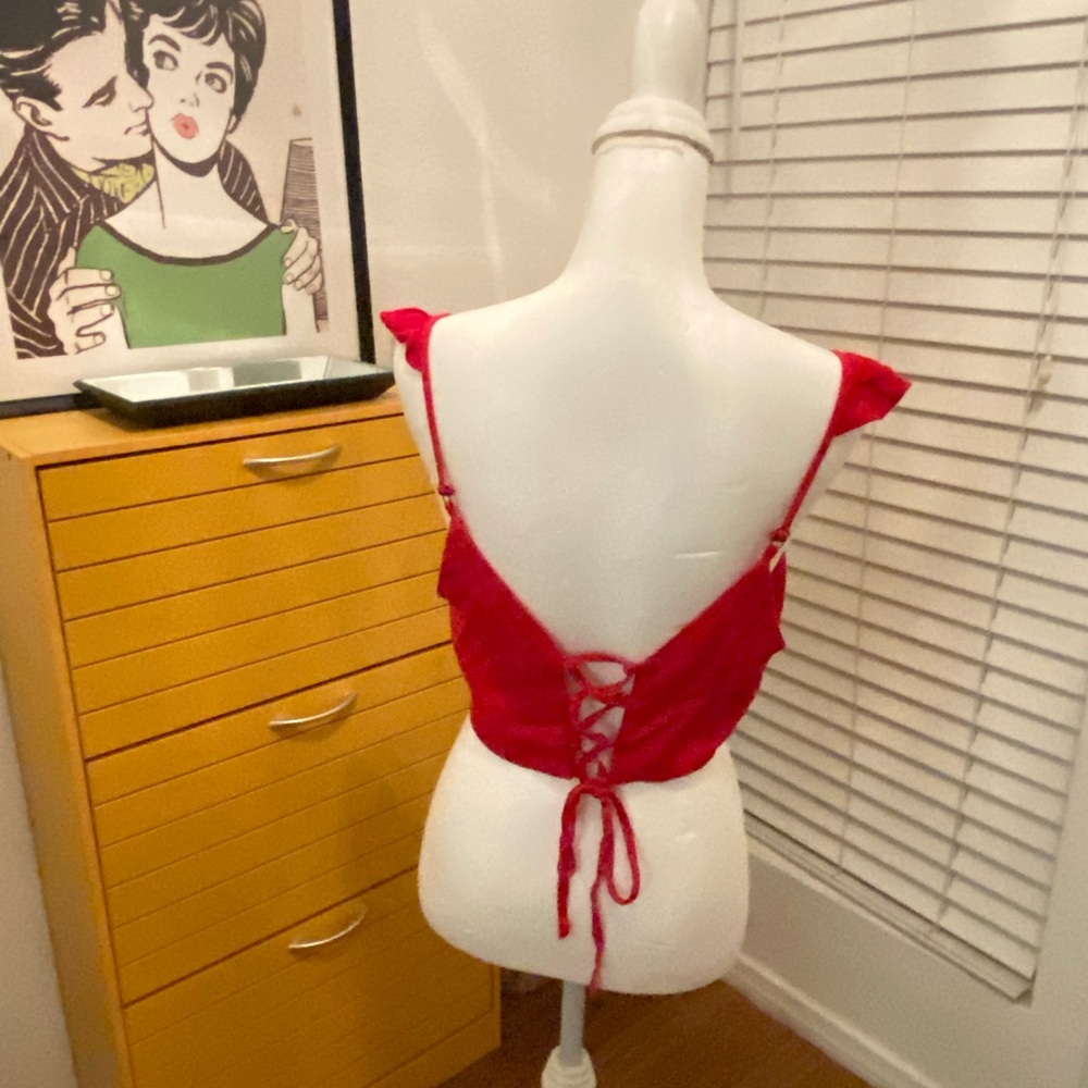 Red Ruffle Sleeve Women's Top - Picture 2 of 5